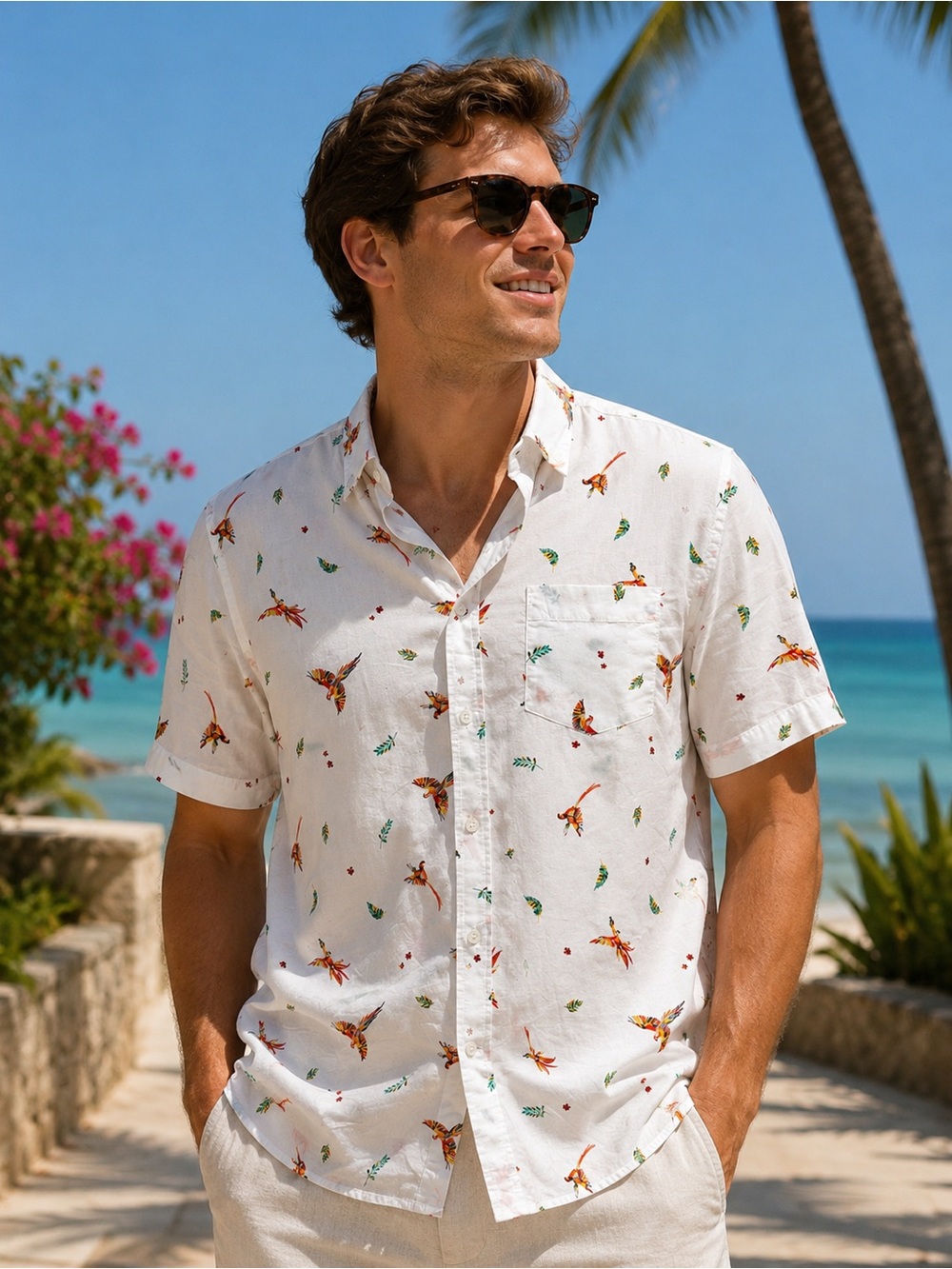 Banana Republic White Short-Sleeve Shirt with Orange & Green Tropical Print